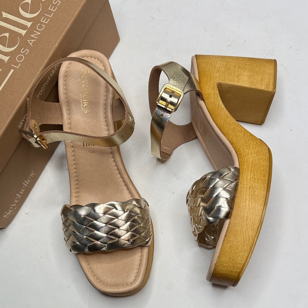 Seychelles Timber Gold Metallic Platform Wood Chunky Block Heel Sandal NEW